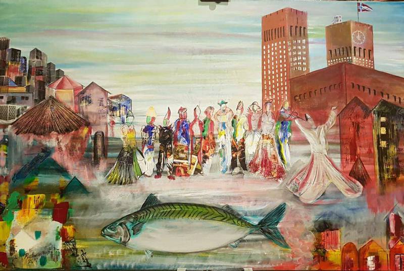 Bildet viser et maleri av Redwan Baqi. Det viser forskjellige typer mennesker foran rådhuset i Oslo. En stor makrell er et symbol på Norge. 