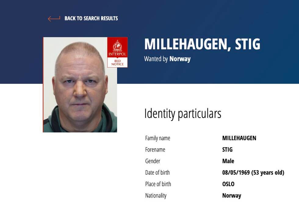 Dobbeltdrapsdømde Stig Millehaugen er etterlyst av Interpol etter at han ikkje møtte opp etter enda permisjon onsdag.
Foto: Skjermdump Interpol / NTB