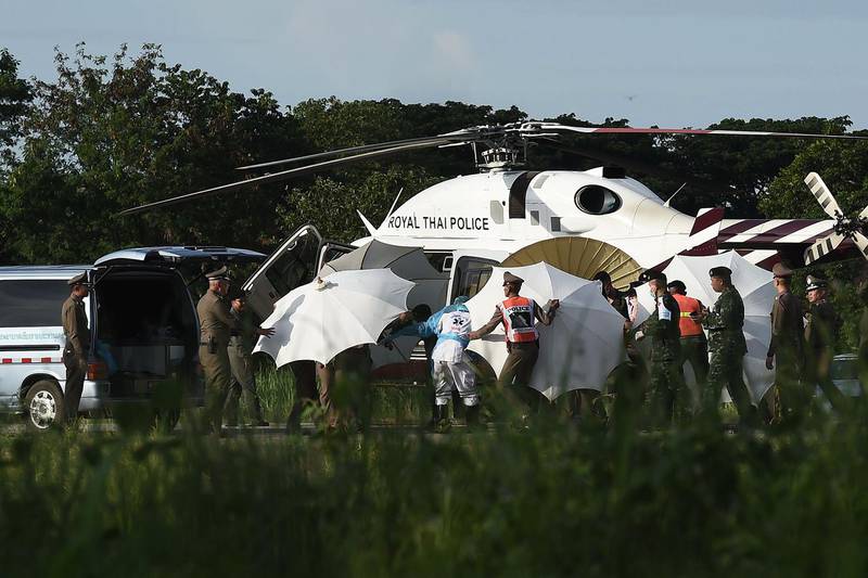 Bildet viser et helikopter og noen som forsøker å gjemme de reddede guttene bak paraplyer.