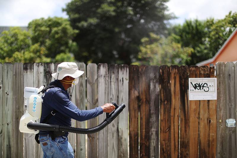 Bildet viser en mann som sprayer insektsmidler i Florida. Delstaten er blitt rammet av zika-viruset. 