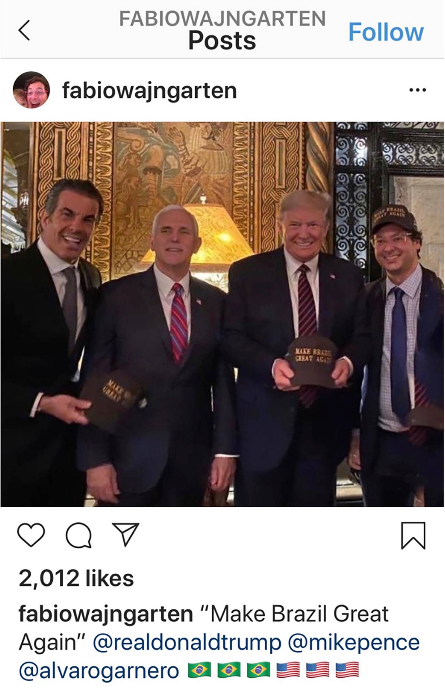 This image posted from Fábio Wajngartens Instagram account shows, from left, Álvaro Garnero, Vice President Mike Pence, President Donald Trump and Wajngarten, the communications director for Brazil's President Jair Bolsonaro, posing for a photo at Mar-a-Lago in Palm Beach, Florida. Wajngarten tested positive for the new coronavirus, just days after the trip, according to Bolsonaro's communications office on Thursday, March 12, 2020. (Instagram via AP)