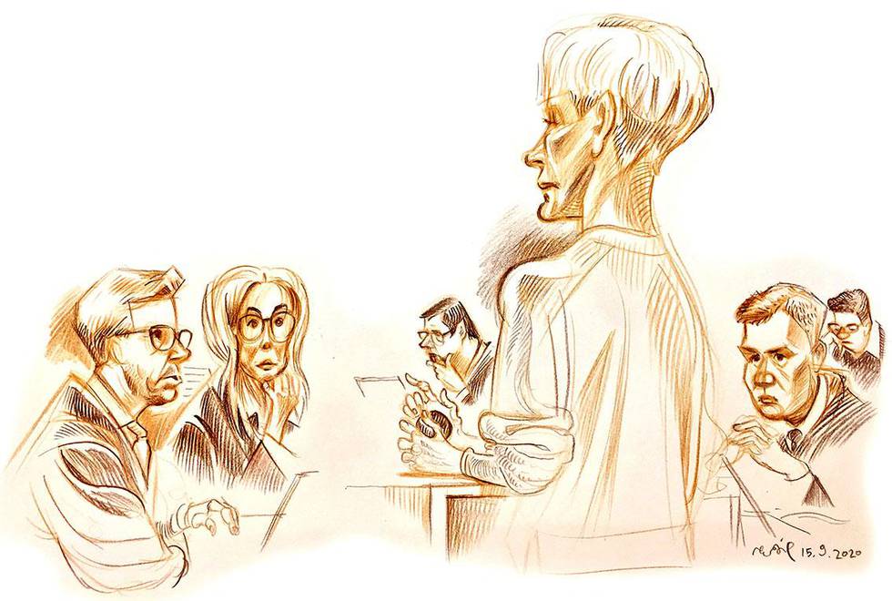 Bildet er en tegning av Bertheussen og flere andre i retten. Dommen mot henne kommer først etter nyttår. 
