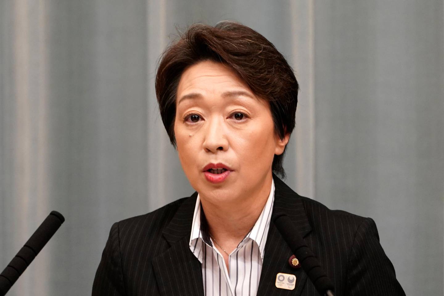 Newly appointed Minister in charge of the Tokyo Olympic and Paralympic Games and ?Minister in charge of women's empowerment Seiko Hashimoto speaks during a press conference at the prime minister's official residence in Tokyo Wednesday, Sept. 11, 2019. Japanese Prime Minister Shinzo Abe has shuffled his Cabinet, adding two women and a son of a former leader to freshen his image while maintaining continuity on U.S.-oriented trade and security policies. (AP Photo/Eugene Hoshiko)