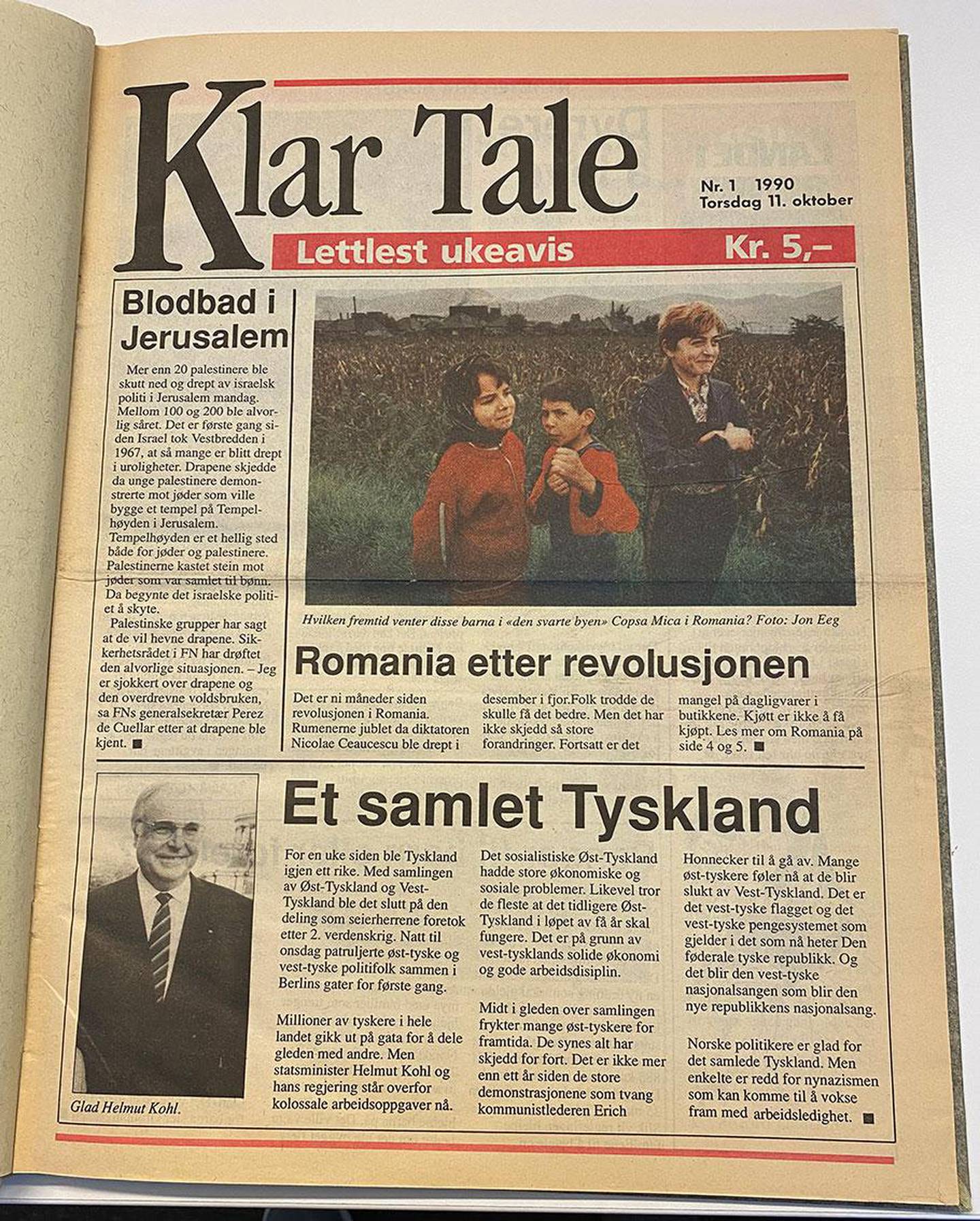 Bildet viser forsiden av Klar Tale 11. oktober 1990. Da kom første utgave av avisa ut.