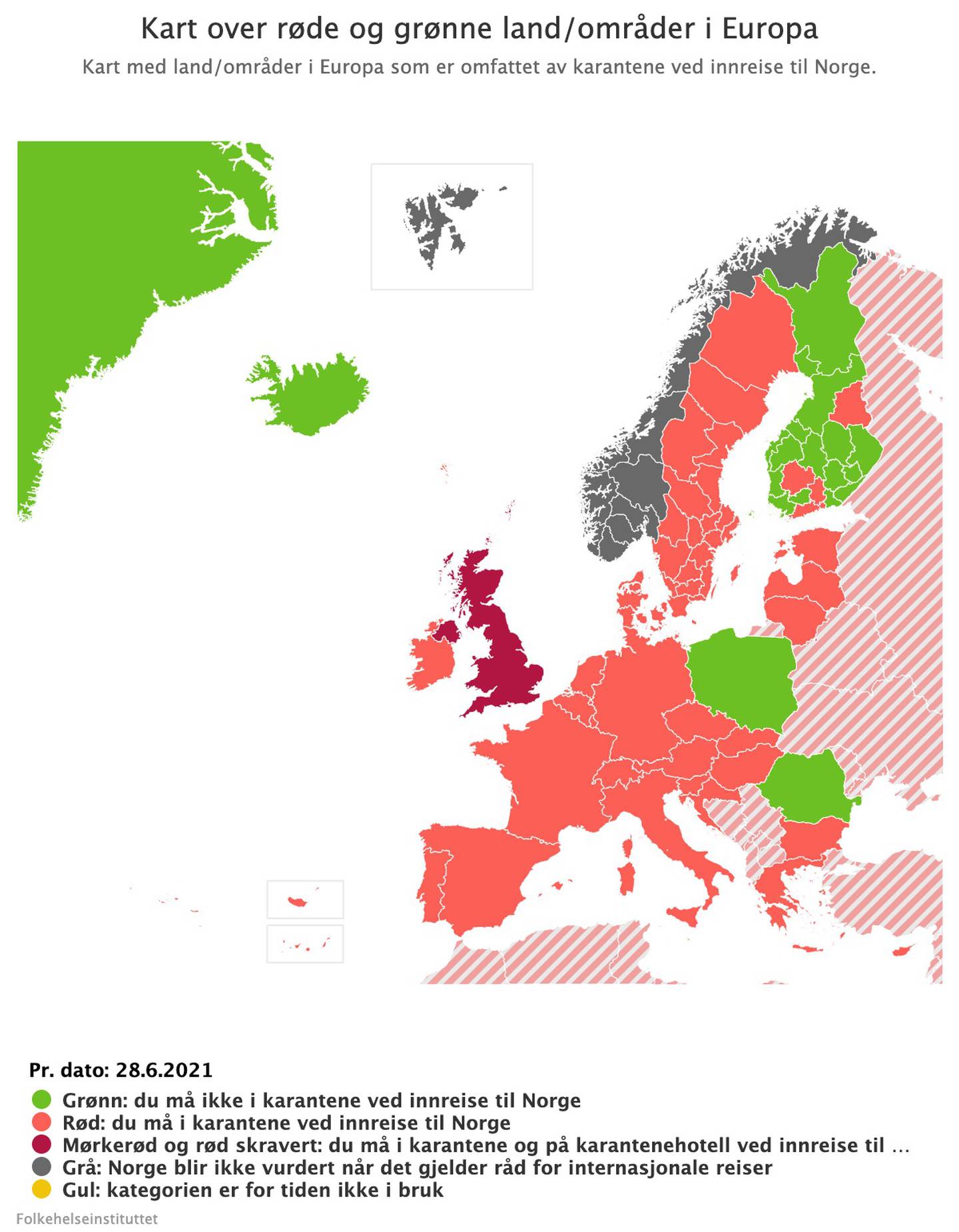 Bildet er et kart av Europa. Nesten alle landene er farget røde. Unntakene er Grønland, Island, Polen, Romania og deler av Finland. De er grønne