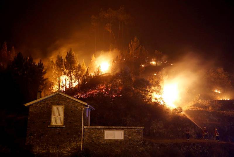 Bildet viser et hus. Bak det brenner skogen. Brannmenn spyler vann på flammene.