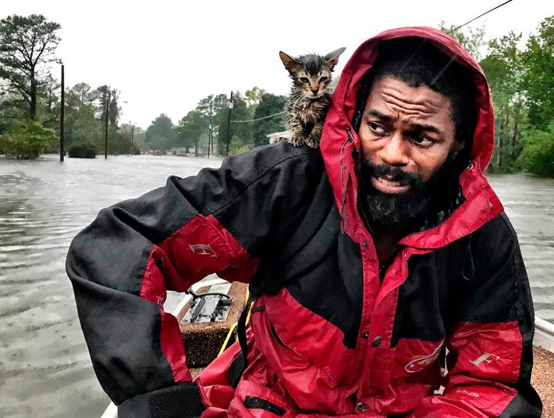 Bildet viser en mann og katten hans i en båt.