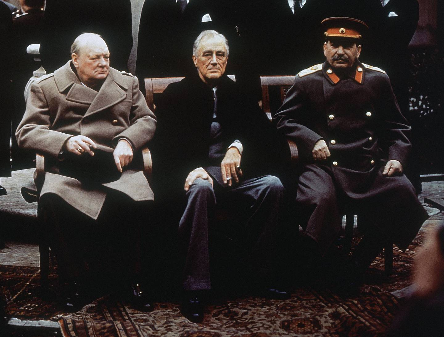 Bildet viser Winston Churchill, Franklin D. Roosevelt og Boril Jeltsin på Jalta-konferansen i 1945.