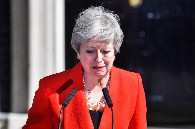 epa07596412 Britain's Prime Minister Theresa May makes a statement on at Downing Street in London in Britain, 24 May 2019. May announced she would resign from office on 07 June 2019.  EPA/NEIL HALL