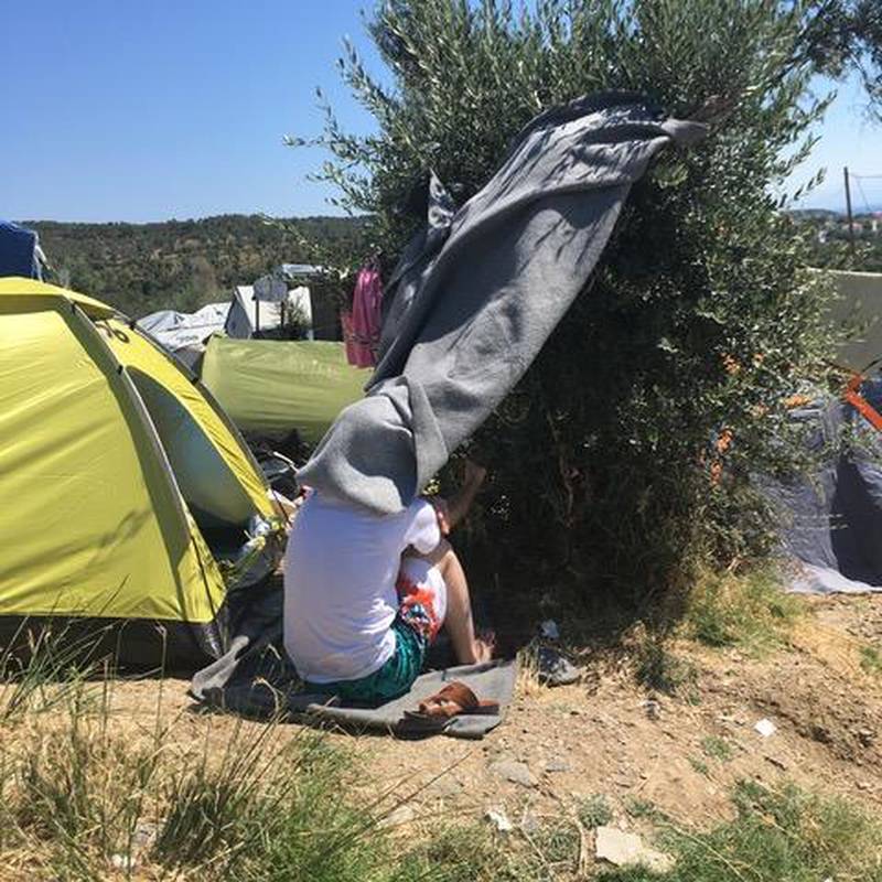 Bildet viser en person som sitter i sola med et pledd over seg og et tre. Personen prøver å få litt skygge i olivenlunden utenfor flyktning-leiren Moria. Denne dagen er det 38 grader i skyggen. Her har mange flyktninger måttet sette opp telt fordi det er fullt inne i leiren.