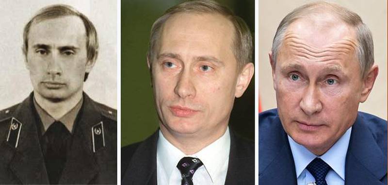Bildet er satt sammen av tre. De viser Putin i 1980, i 1999 og i 2017.
