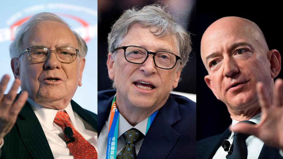 Bildet er satt sammen av tre bilder. De viser verdens rikeste menn, Jeff Bezos, Bill Gates og Warren Buffet.