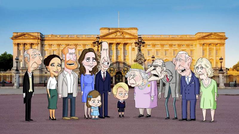 Bildet viser animasjon av den britiske kongefamilien. 
