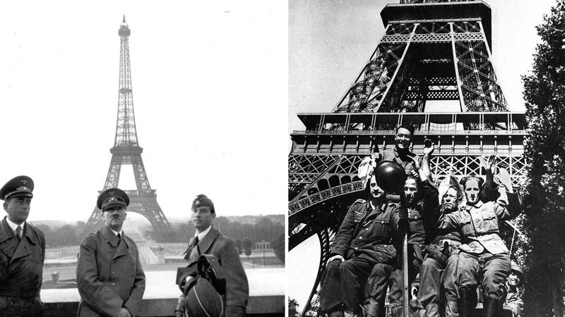 Bildet er satt sammen av to. Det ene viser Adolf Hitler foran Eiffel-tårnet i 1940. Det andre viser soldater som feirer friheten i 1945.