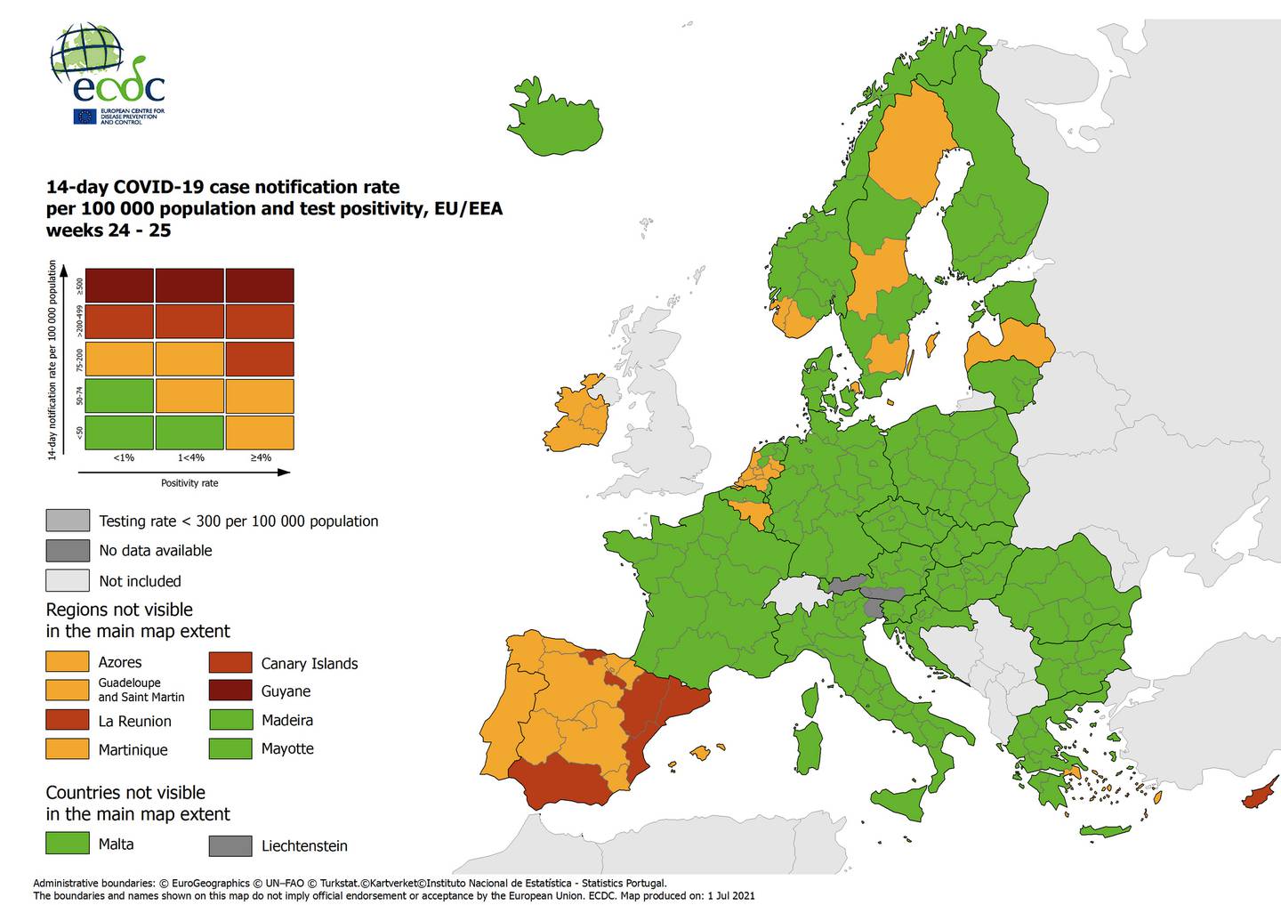 Det europeiske smittevernrådets (ECDC) oppdaterte kart over røde, gule og grønne områder. Kartet oppdateres én gang i uka. Dette kartet er fra torsdag 1. juli. Foto: ECDC skjermdump / NTB