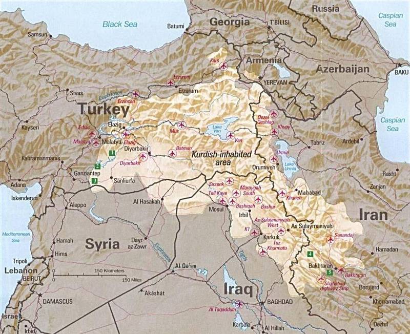 Bildet viser et kart med kurdiske områder uthevet.