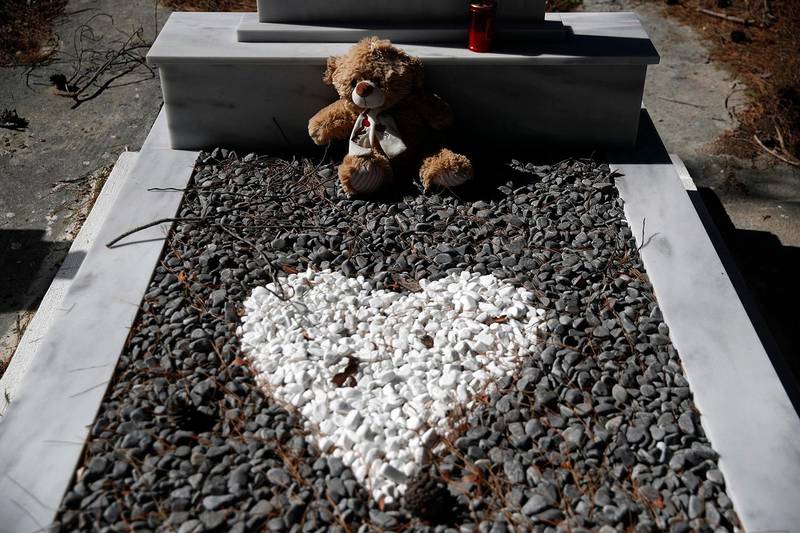 Bildet viser en gravstein med et hjerte og en bamse.