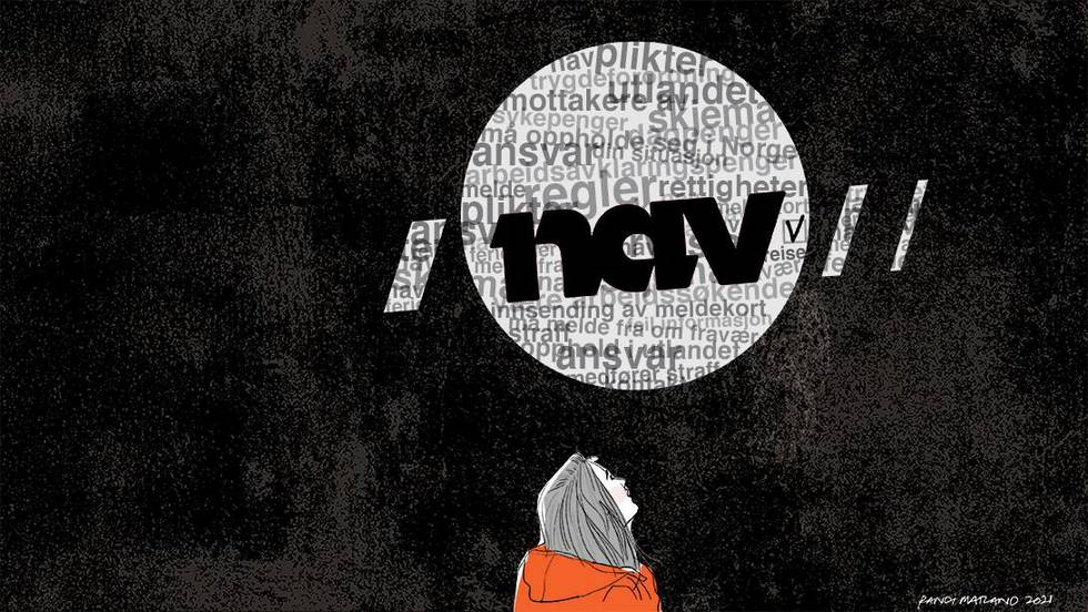 Bildet er en tegning. Det viser en kvinne som ser opp mot en Nav-logo. Ordet «Nav“ står i svart. I bakgrunnen er en sky av ord som «ansvar», «plikt», «regler», «meldekort», «arbeidsavklaringspenger».