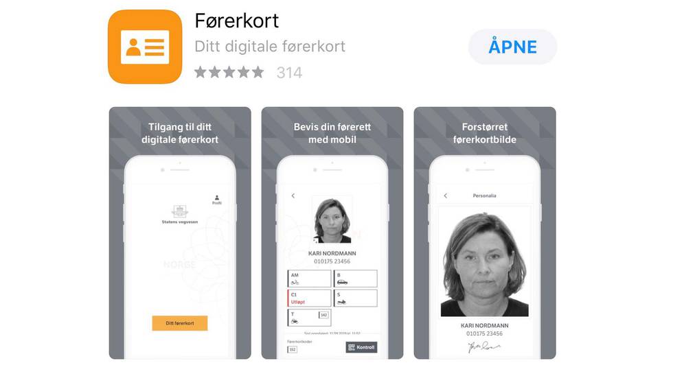 Bildet viser en skjermdump fra appen «Førerkort».