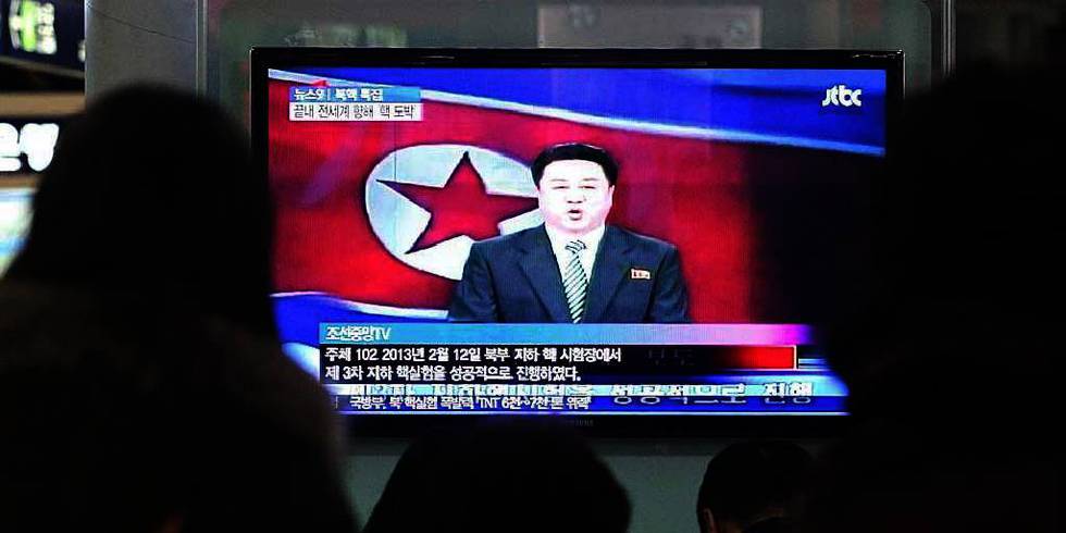 Bildet viser en nord-koreansk TV-kanal som forteller om prøvesprengningen av en atombombe. Nord-Korea truer USA med «sterkere handling». 