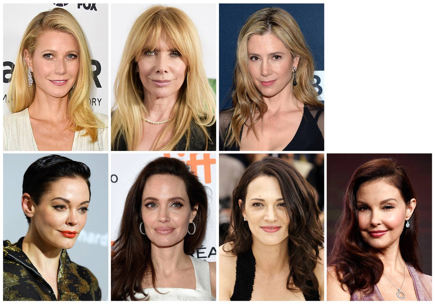 Bildet viser kjente skuespillere som forteller om trakassering. Øverst fra venstre: Gwyneth Paltrow, Rosanna Arquette og Mira Sorvino. Nede fra venstre: Rose McGowan, Angelina Jolie, Asia Argento og Ashley Judd.