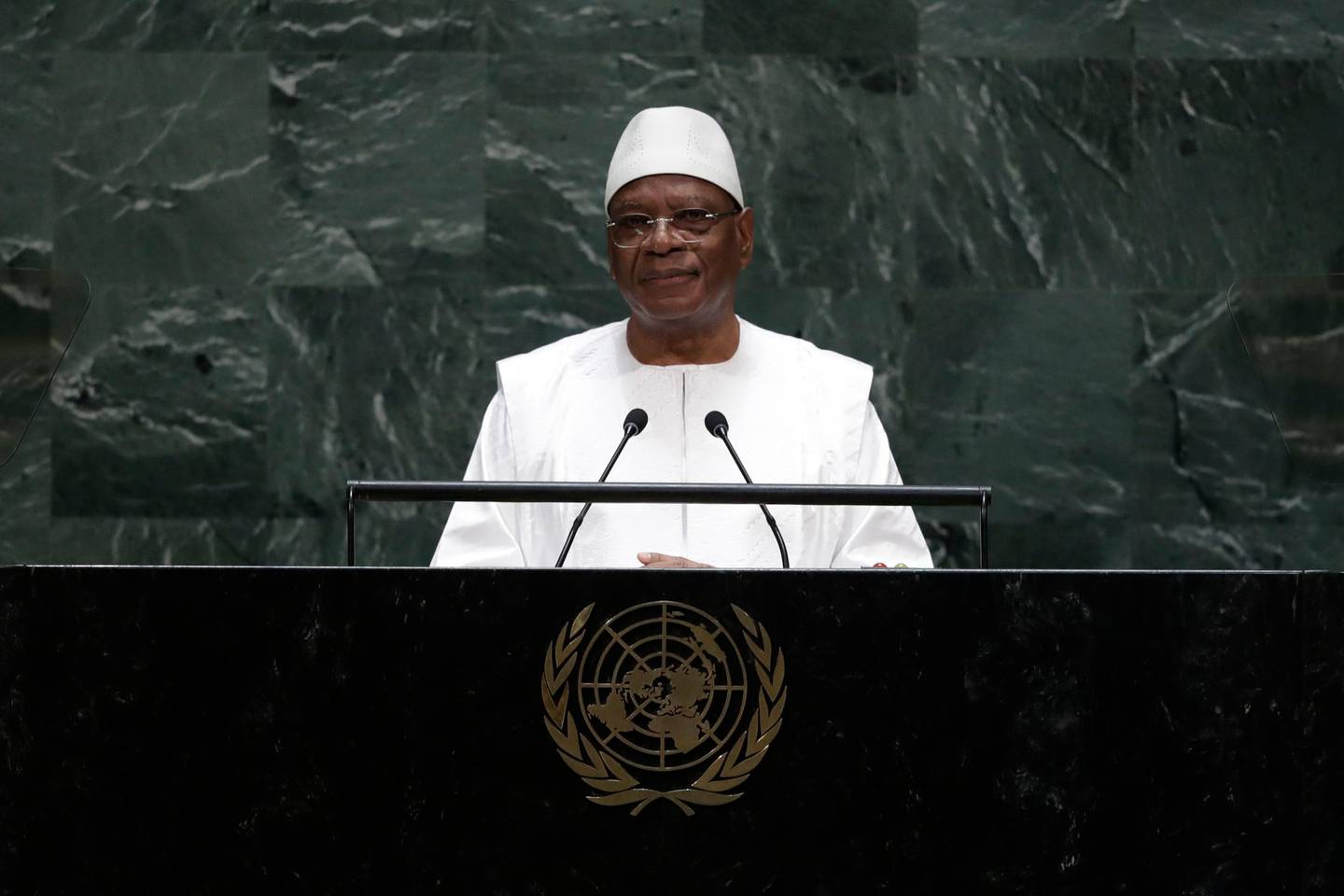 Bildet er av Ibrahim Boubacar Keita som holder en tale i FN.
