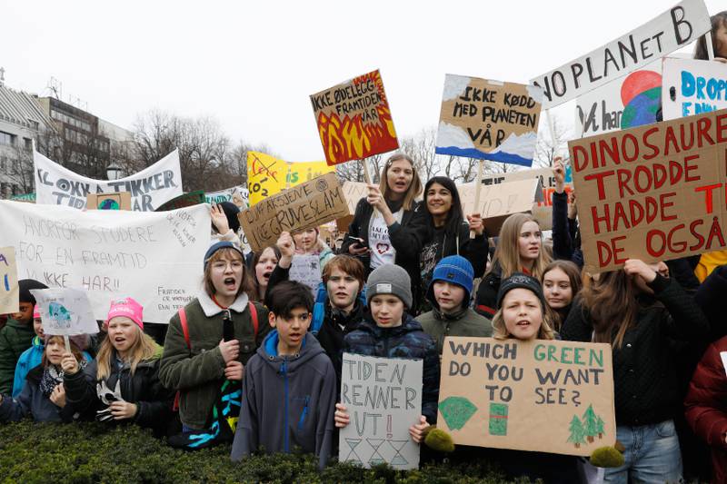 Bildet viser barn og ungdommer med plakater. De streiker for klimasaken.