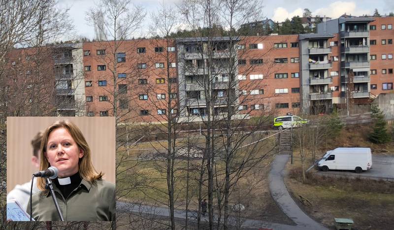 Bildet viser åstedet på Holmlia i Oslo. En 18-åring ble skutt i beinet. Et mindre bilde viser sognepresten Silje Andreassen.