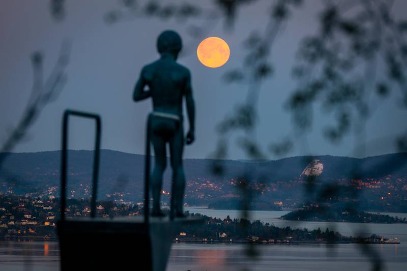 Bildet viser en supermåne over Asker og Nesodden. Det er tatt bak en statue av en gutt på stupebrett. Den er vendt i retning månen og fjorden.