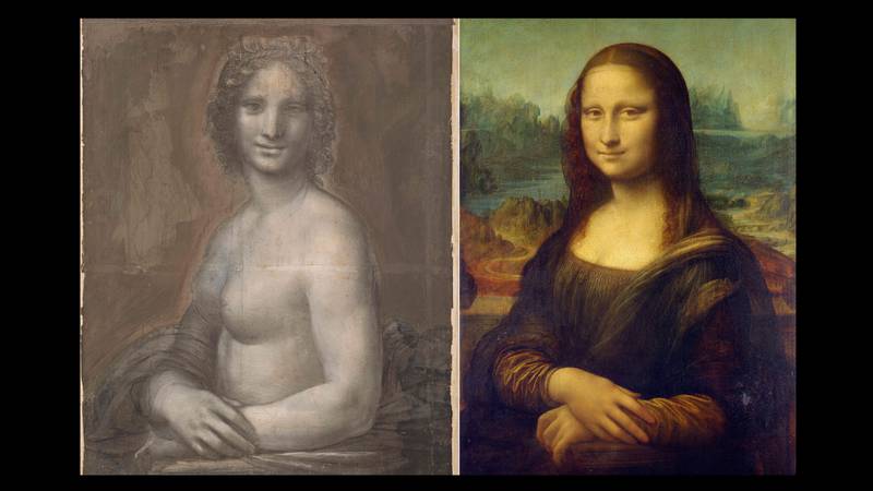 Bildet er satt sammen av to. De viser tegningen av den nakne Mona Lisa og maleriet av Mona Lisa.