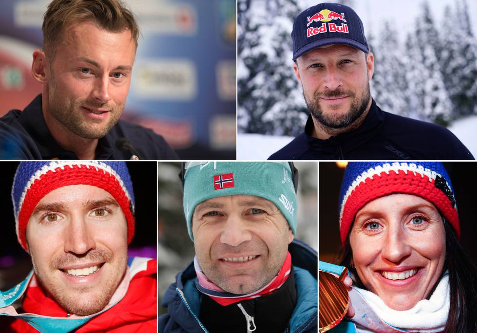 Bildet viser fem norske skistjerner. Fra venstre Petter Northug, Aksel Lund Svindal, Emil Hegle Svendsen, Ole Einar Bjørndalen og Marit Bjørgen. 