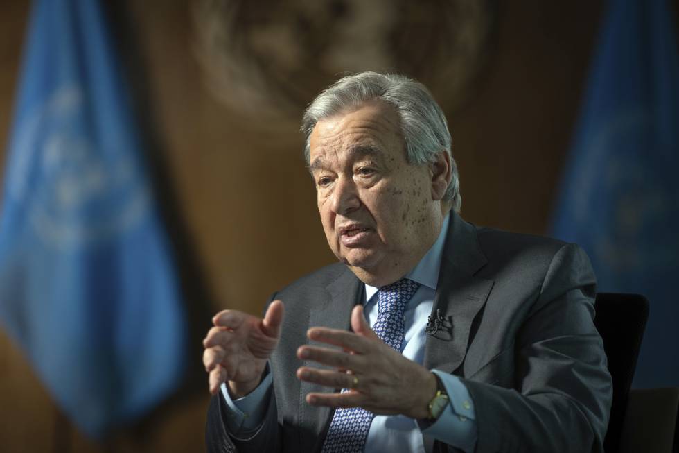 Bildet er av FNs generalsekretær António Guterres. Han er en eldre mann iført dress. Arkivfoto: Robert Bumsted / AP / NTB