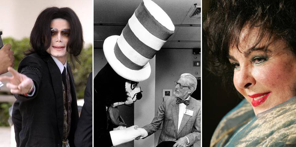 Bildet viser døde kjendiser som tjener penger. Fra venstre: artisten Michael Jackson, barnebok-forfatteren Dr. Seuss og skuespilleren Elizabeth Taylor