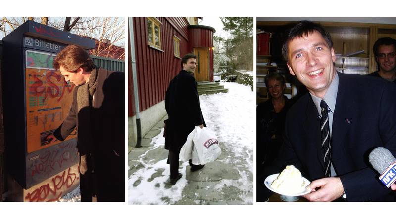 Bildet er satt sammen av tre. De viser Stoltenberg i 2000. Han kjøper billett til T-banen, på vei hjem med handleposer og med kake på 41-årsdagen.