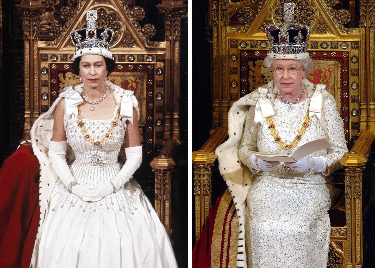 Bildet er satt sammen av to bilder av dronning Elizabeth. Hun sitter på en trone i det britiske parlamentet. Hun er 40 år på det ene bildet, og 80 år på det andre
