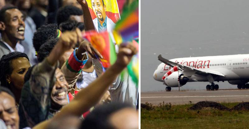 Bildet er delt i to. Det ene viser et fly fra Ethiopian Airlines, det andre viser folk som jubler for fred.