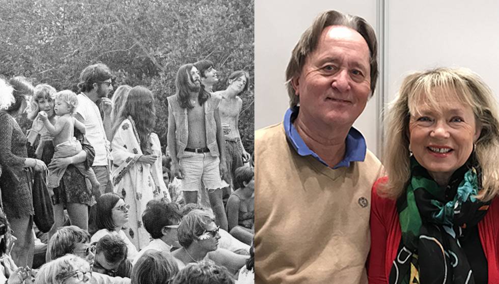 Bildet er delt i to. Det ene viser forfatterne Joar Hoel Larsen og Eva Bratholm. Det andre viser hippier i USA. 