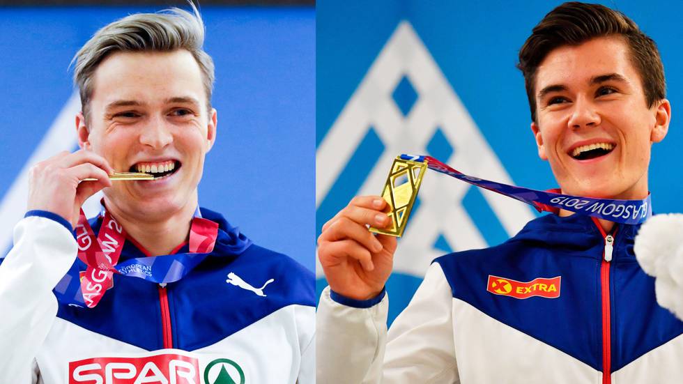 Bildet er satt sammen av to. De viser Karsten Warholm (til venstre) og Jakob Ingebrigtsen (til høyre) med gullmedaljene sine.