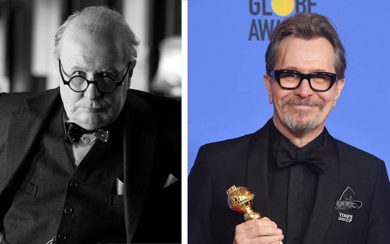 Bildet er satt sammen av to. Det ene viser Gary Oldman med Golden Globe-prisen. Det andre viser Oldman som Churchill i filmen «Darkest Hour».