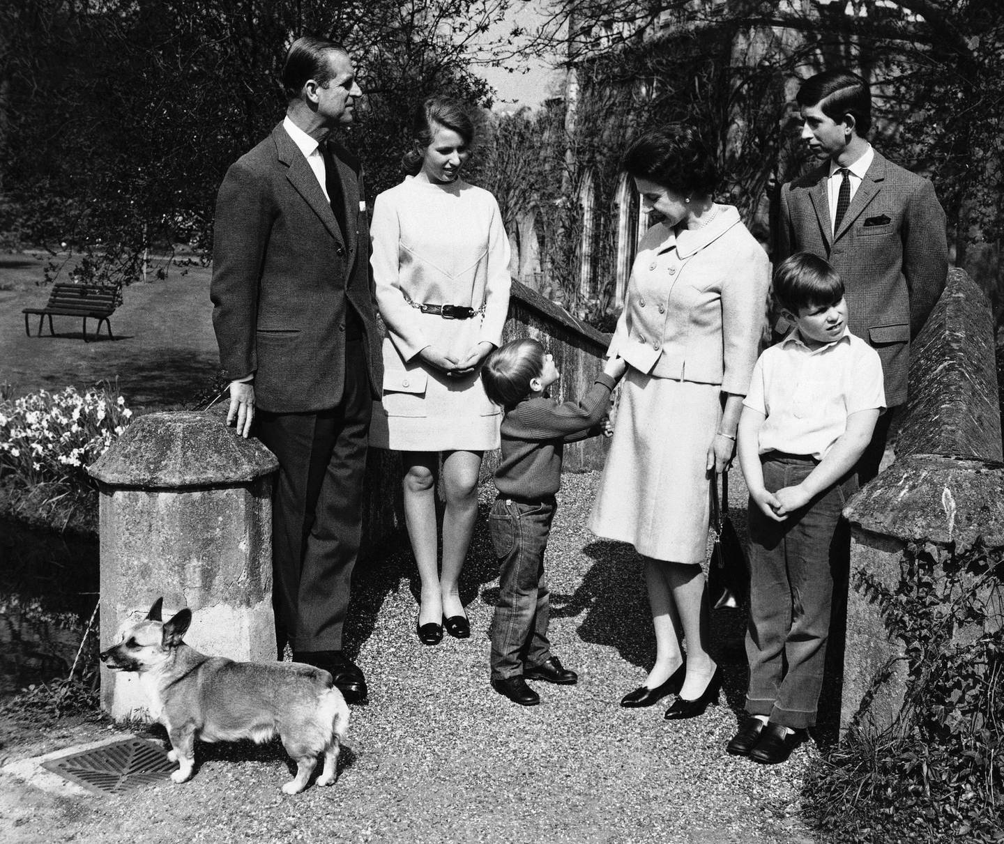 Bildet er av dronning Elizabeth, ektemannen og deres fire barn. En av dronningens corgier står i foran til venstre i bildet.