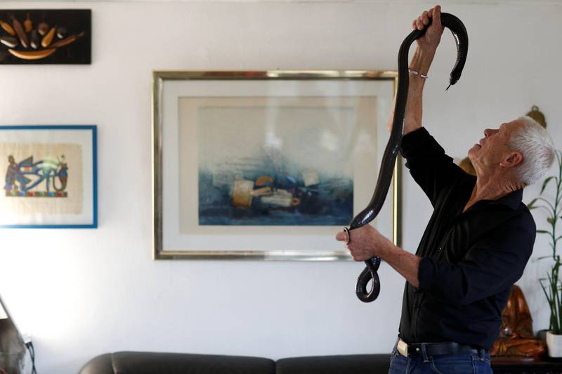 Bildet viser Philippe Gillet med en svart kobraslange.