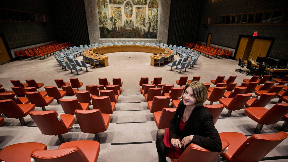 Bildet viser FN-ambassadør Mona Juul i FNs sikkerhetsråd.