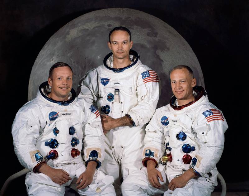 Bildet viser de tre astronautene Neil Armstrong, Buzz Aldrin og Michael Collins.