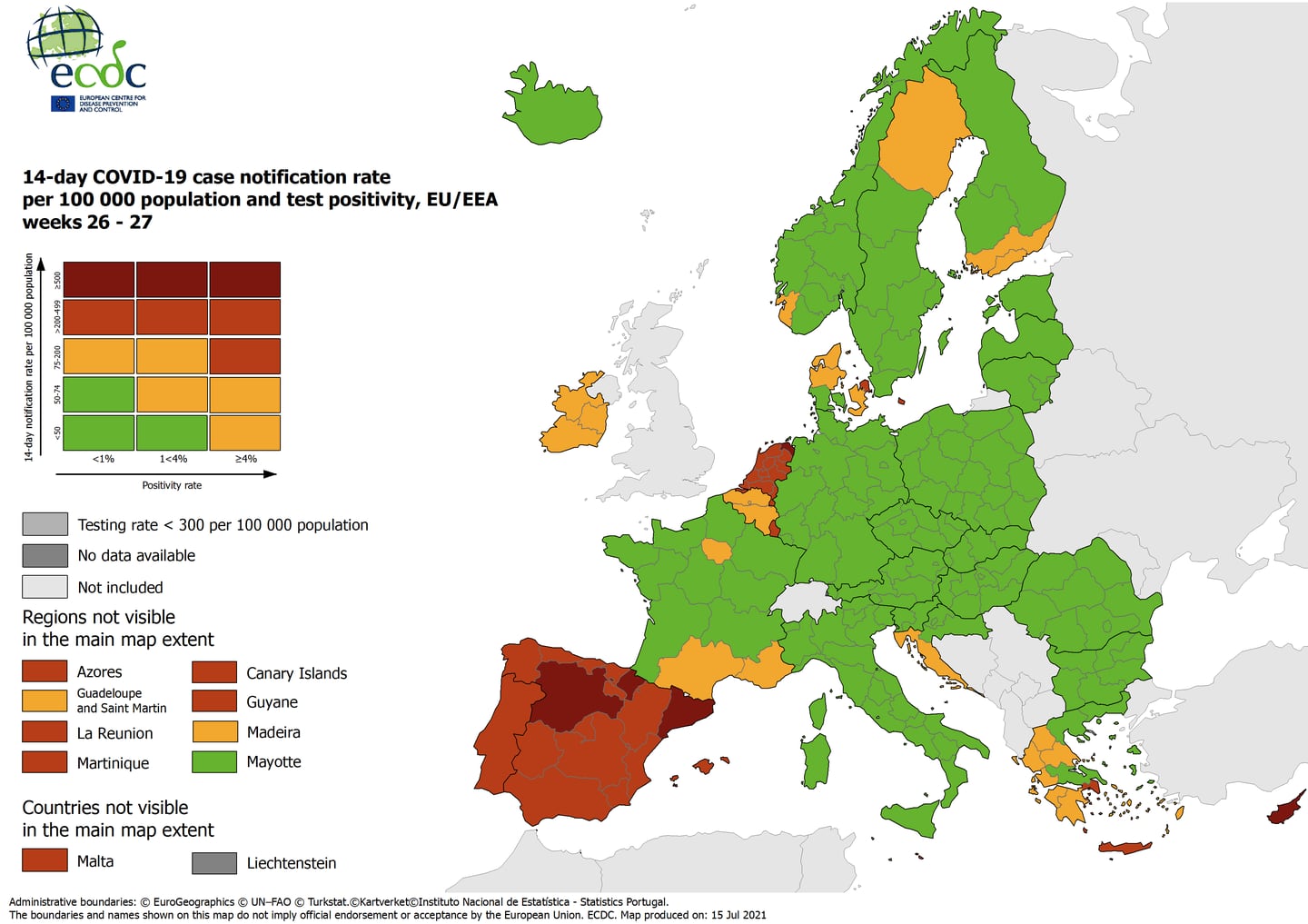 Kart over europa. Oversikt over hvilke land som er grønne, oransje, røde og mørkerøde.