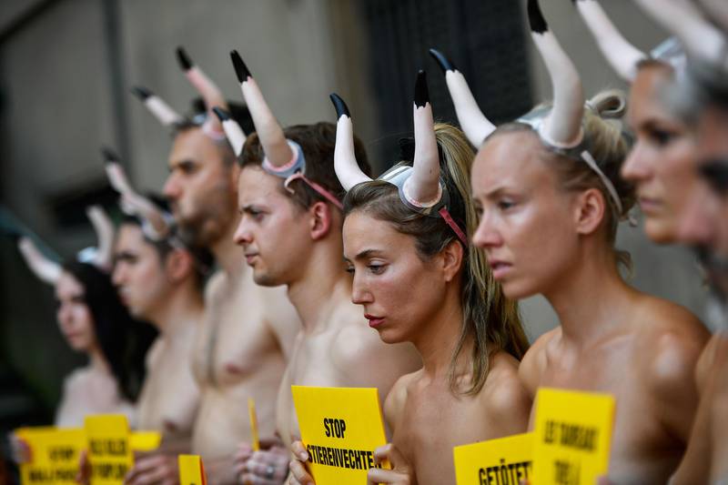 Bildet viser mennesker med oksehorn på hodet. De bærer også plakater.