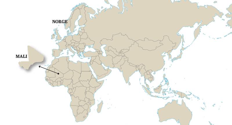 Bildet viser et kart over hvor Mali ligger i Afrika.