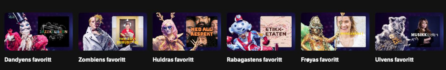 Skjermdump fra NRK Radio. Bilder av karakterene og hvilken podkast de liker best.