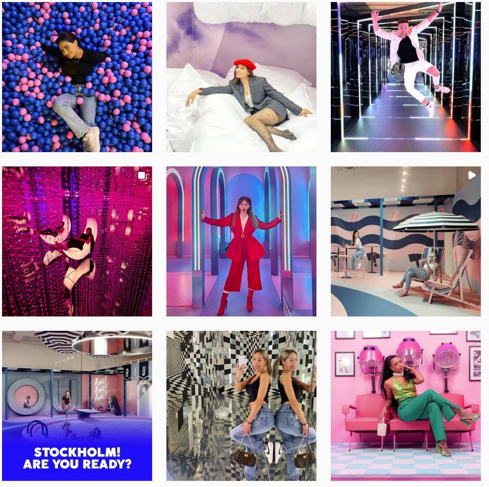 Skjermdump fra svenske Youseums Instagram-side, som viser et lite utvalg av hva slags bilder de besøkende på selfiemuseet kan ta til sine sosiale mediekanaler. 