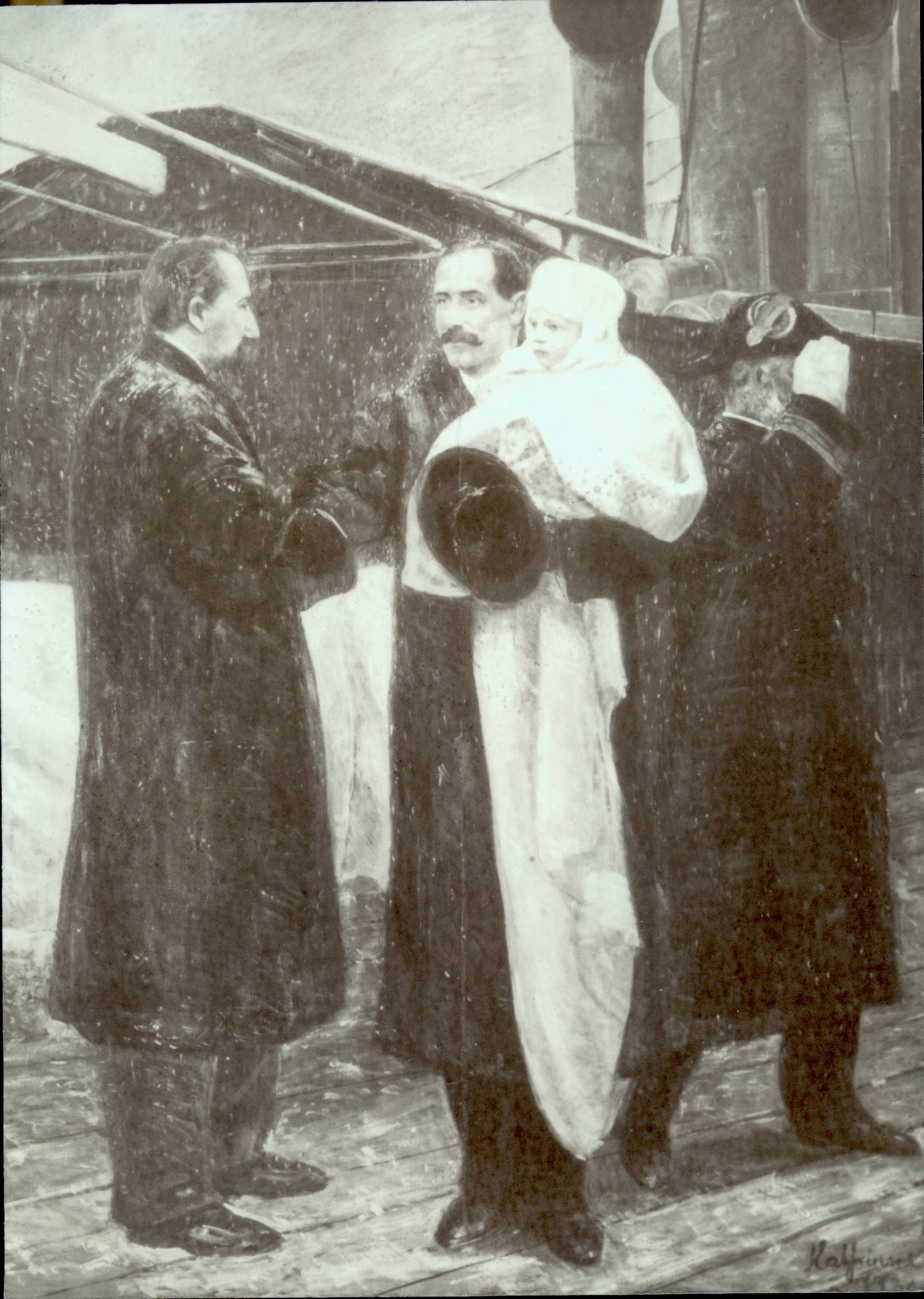 Bildet viser Kong Haakon kommer til Norge med Olav på armen
1905.